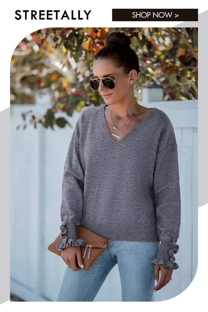 New Women's Winter V Neck Pleated Sexy Sweater