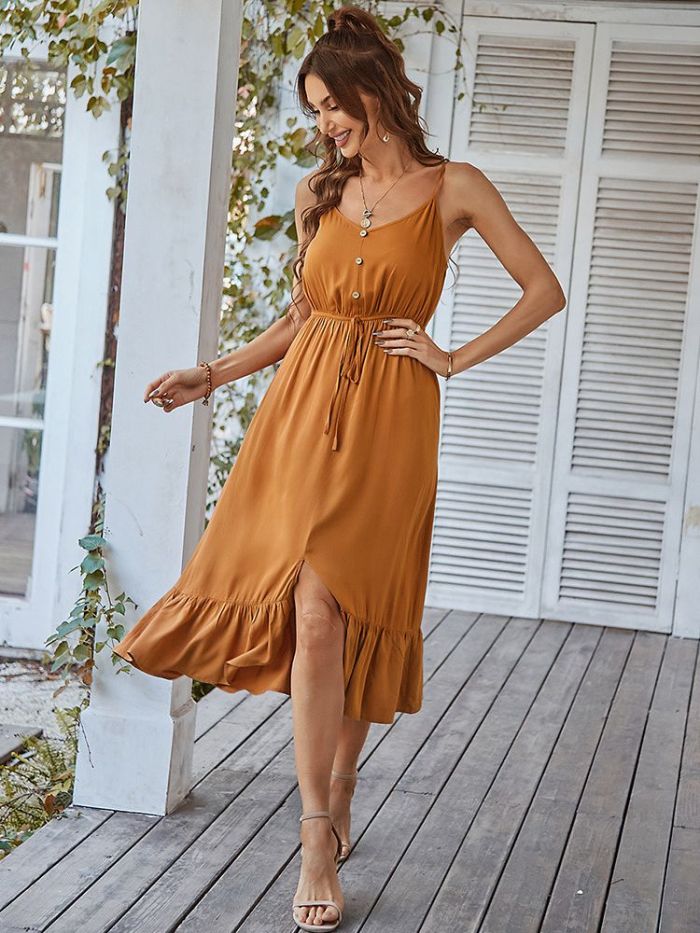 New Solid Color High Waist Sling Causal A Line Long Dresses