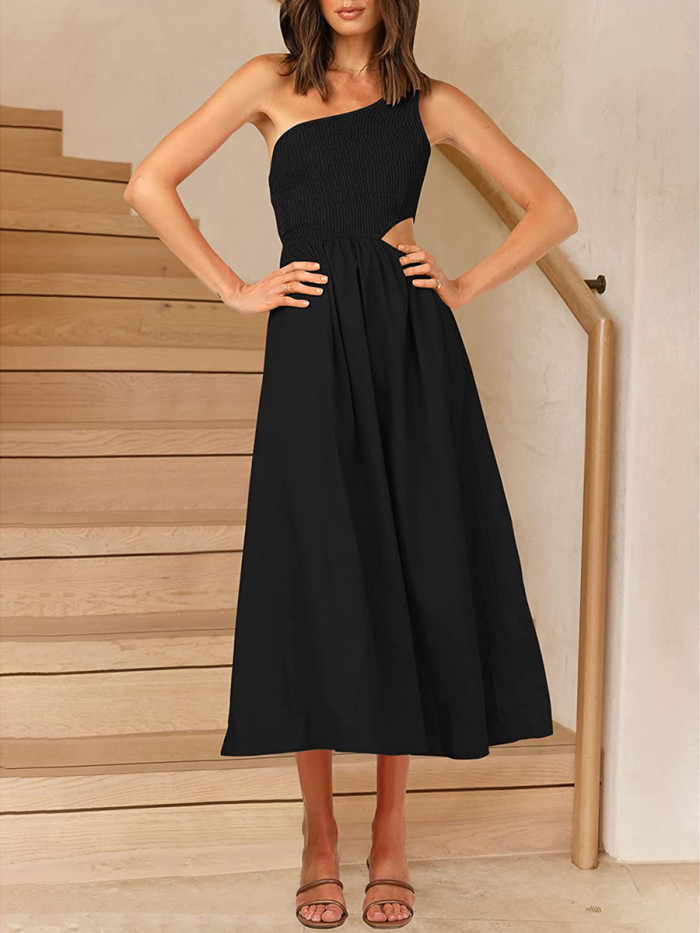 A-line One-shoulder Smocked Solid Color Cutout Long Dress