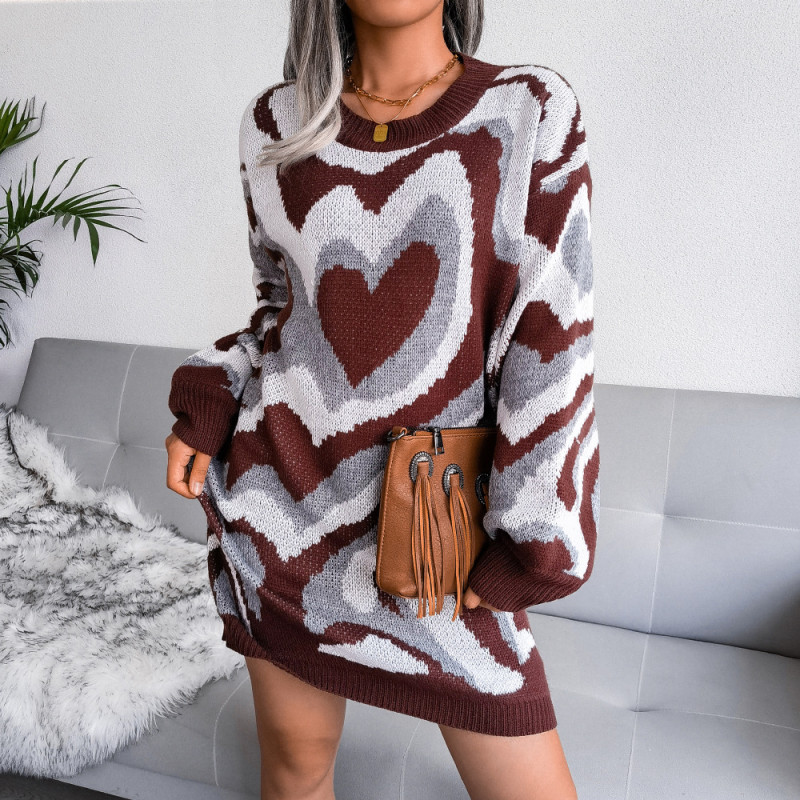 Color Contrast Love Round Neck Fashion Sweater Dresses