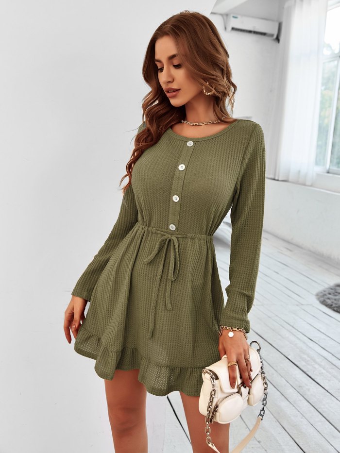 O Neck Long Sleeve Solid Color Casual Dress