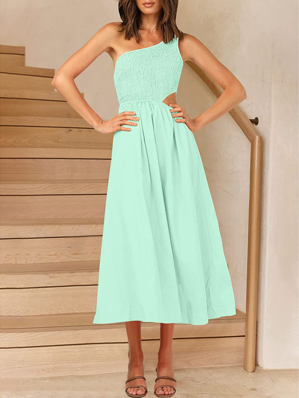 A-line One-shoulder Smocked Solid Color Cutout Long Dress