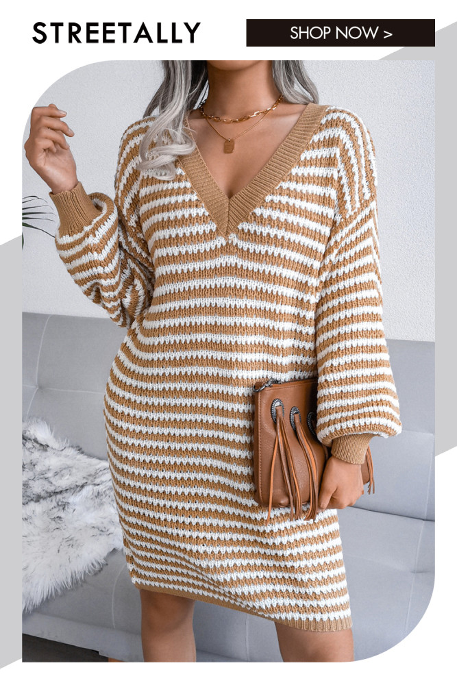 Elegant And Fashionable Striped Cut Out V-neck Sweater Dresses