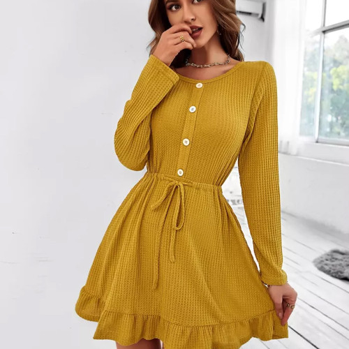 O Neck Long Sleeve Solid Color Casual Dress