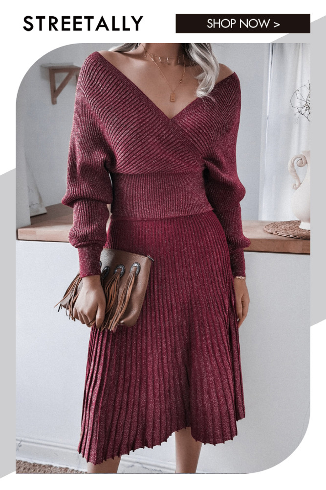 Long Sleeve Off Shoulder Casual Pleated Skirt Bright Silk Two-piece Set Sweater Dresses
