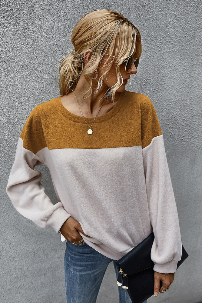 Women O Neck Color Contrast Casual Sweater Long Sleeve Simple Inside Warm Pullover
