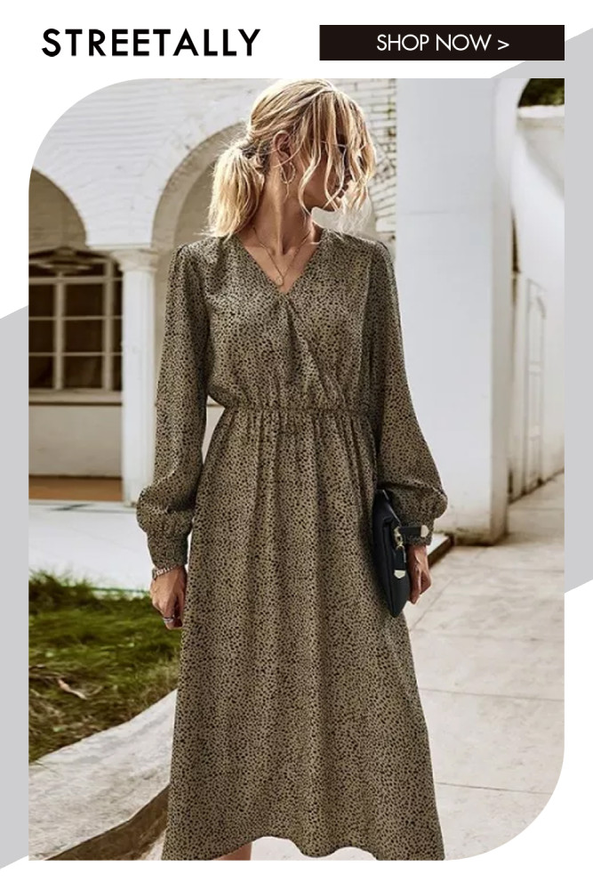 Vintage Midi Elegant Dresses V Neck Long Sleeve Ladiess Elastic Dress