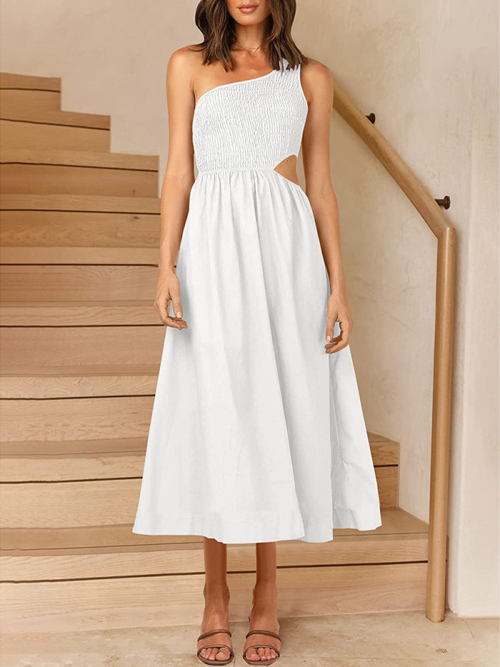 A-line One-shoulder Smocked Solid Color Cutout Long Dress