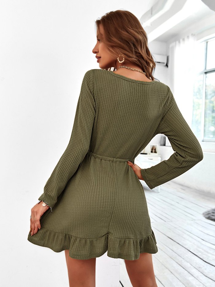 O Neck Long Sleeve Solid Color Casual Dress