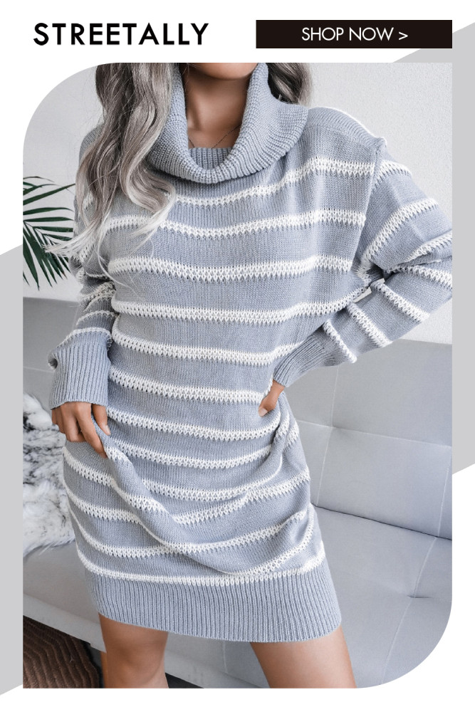 Casual High Neck Striped Knit Sweater Dresses