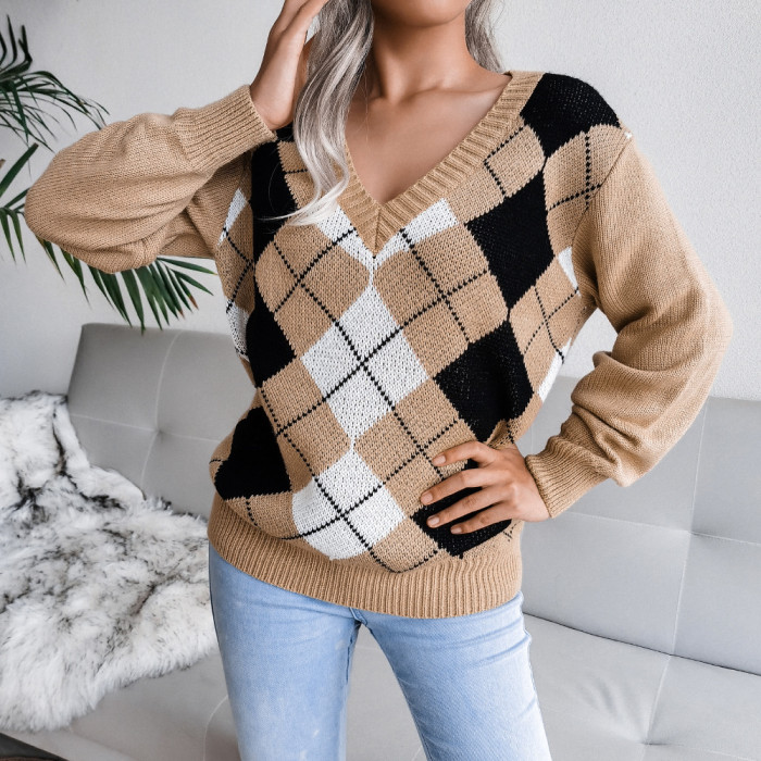 Academic Rhombic Casual V-Neck Sweaters&Cardigans