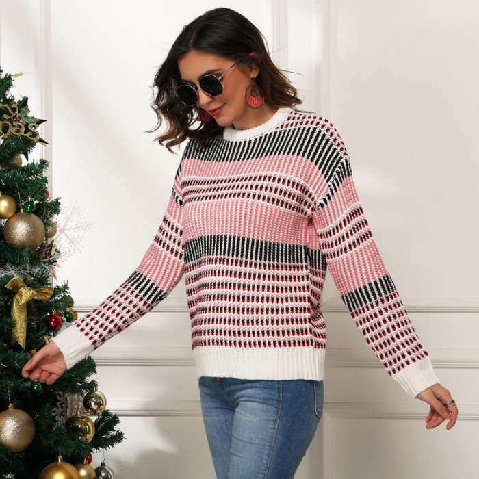 Women's Loose Pullover Long Sleeve Round Neck Sweet Christmas Striped Ladies Knitwear