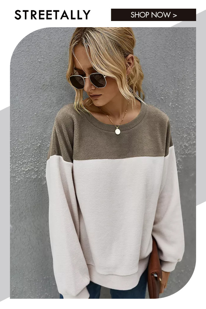 Women O Neck Color Contrast Casual Sweater Long Sleeve Simple Inside Warm Pullover