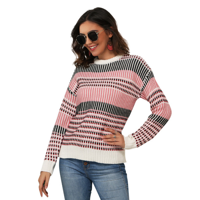 Women's Loose Pullover Long Sleeve Round Neck Sweet Christmas Striped Ladies Knitwear