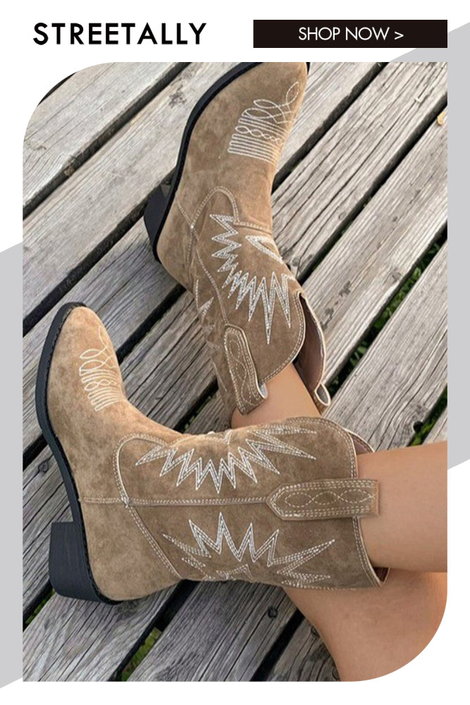 Knight V Embroidery Square Head Thick Heel Sleeve Long Boots