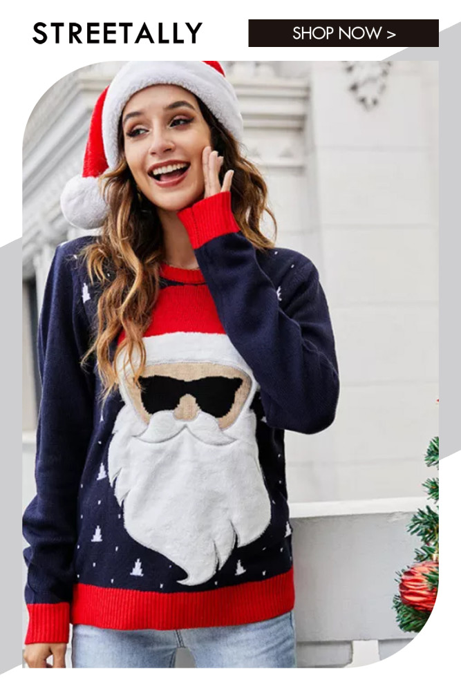 Womens Christmas Sweaters Ugly Crew Neck Knitted Pullover Cute Christmas Grandpa Tops