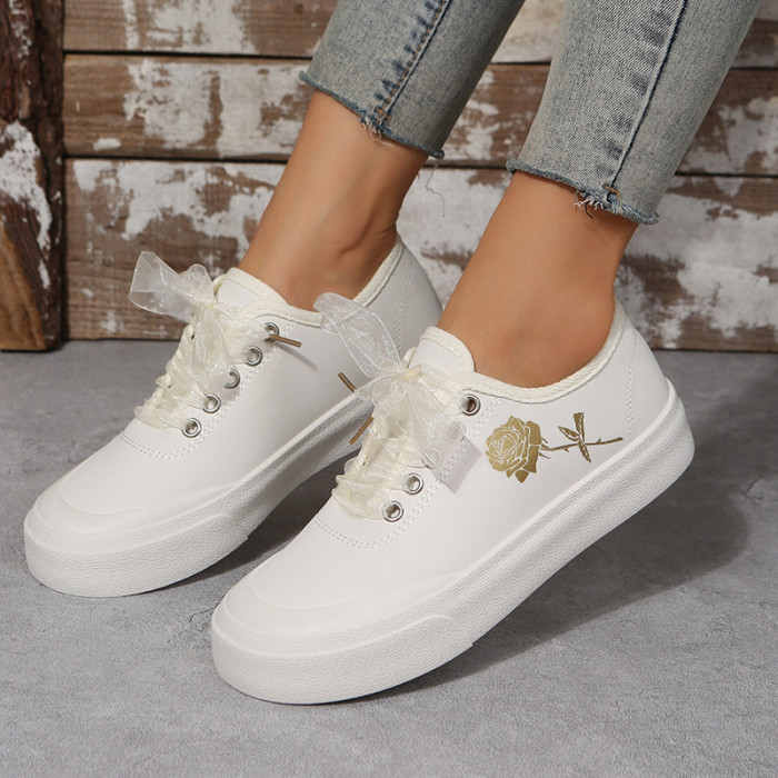 Flat Leather Casual Round Head Lace Front Strap Sneakers