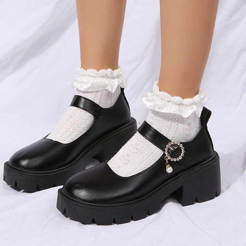 Large Wedge Heel Round Head Vintage English Leather Shoes Black Thick Heel Thick Soles Flat&loafers