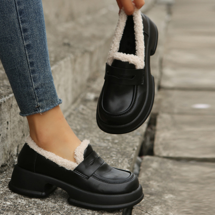 Plush Fashion Vintage Versatile Heel Non slip British Flat&Loafers