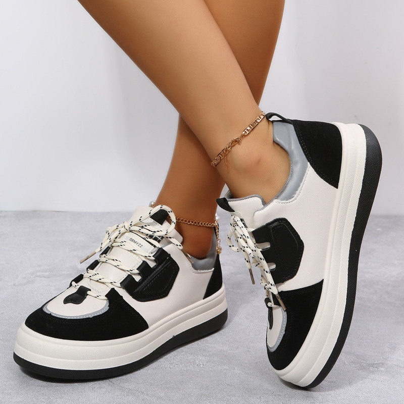 Color Blocking Lace Up Thick Sole Inside Heightening Bread Shoes For Daily Leisure Sneakers