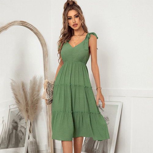 High Quality Women Green Summer Vacation Sleeveless Vacation Dress