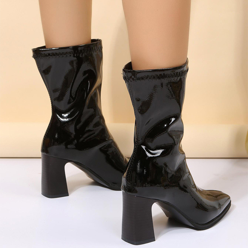 Middle Barrel Pointed Elastic Patent Leather Thick Heel Plush Boots