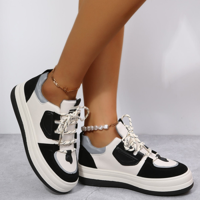 Color Blocking Lace Up Thick Sole Inside Heightening Bread Shoes For Daily Leisure Sneakers
