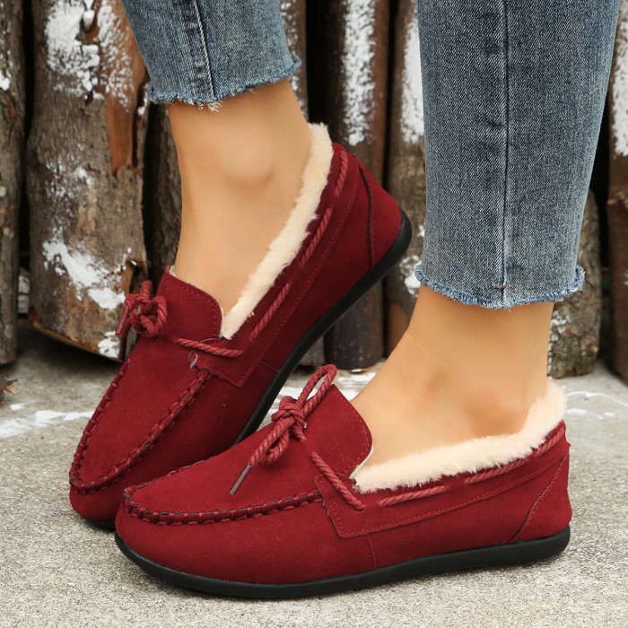 Soft Bottom Plush Flat Bottom Fashionable Bowknot Low Top Winter Flat&loafers