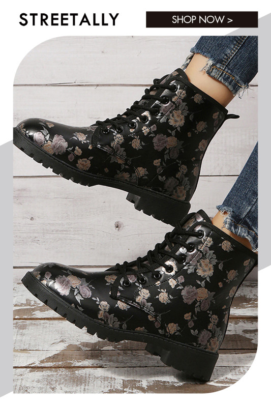 Large Round Head Lace Printed Leather Martin Boots