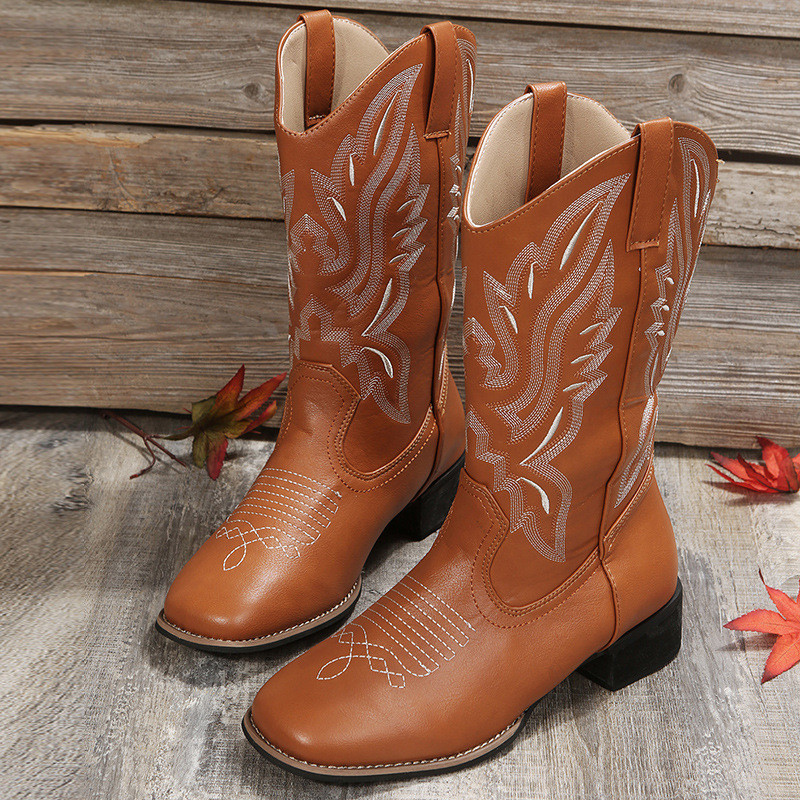 Western Cowboy Female Embroidery V-mouth Sleeve Knight Square Head Retro Boots