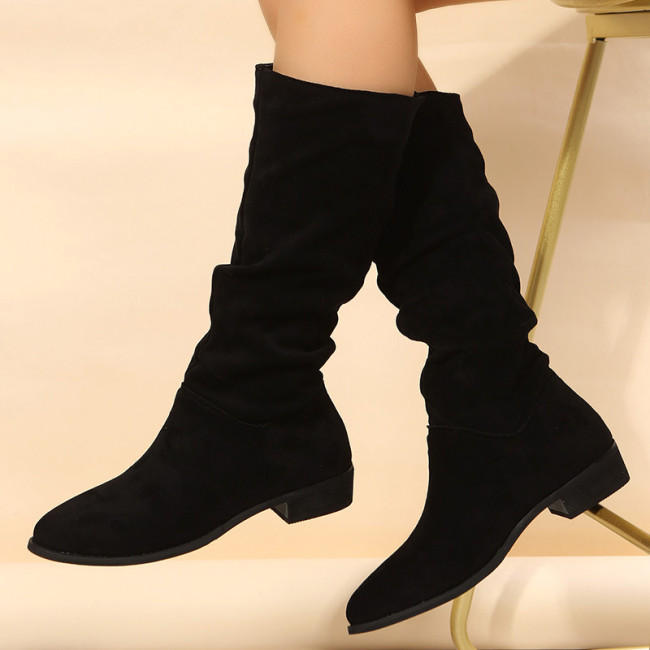 Suede Thick Heel High Tube Pleated Stack Boots