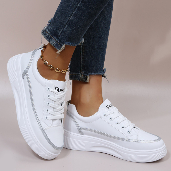 White Soft Leather Casual Sports Thick Bottom Fashion Color Blocking Sneakers