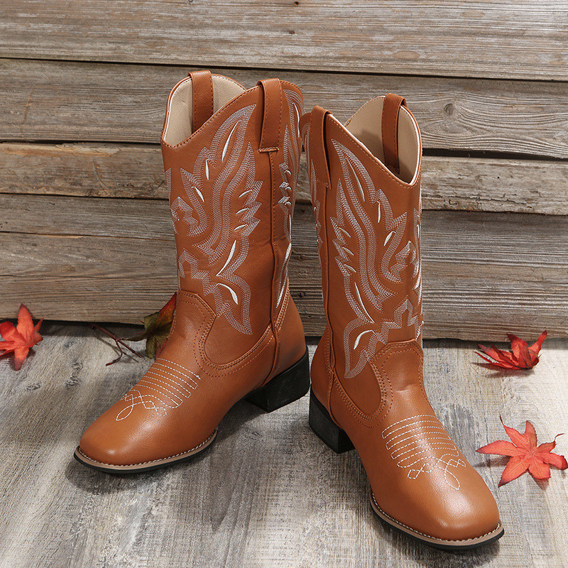 Western Cowboy Female Embroidery V-mouth Sleeve Knight Square Head Retro Boots