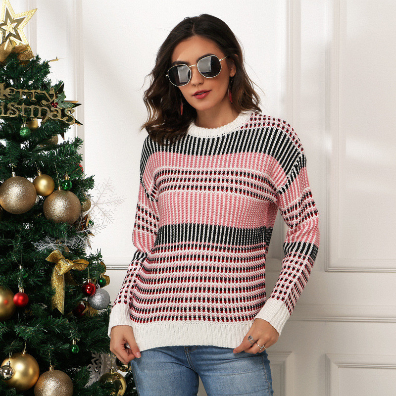 Women's Loose Pullover Long Sleeve Round Neck Sweet Christmas Striped Ladies Knitwear