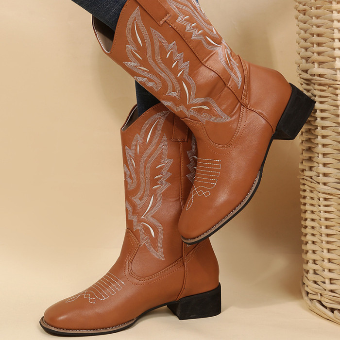 Western Cowboy Female Embroidery V-mouth Sleeve Knight Square Head Retro Boots