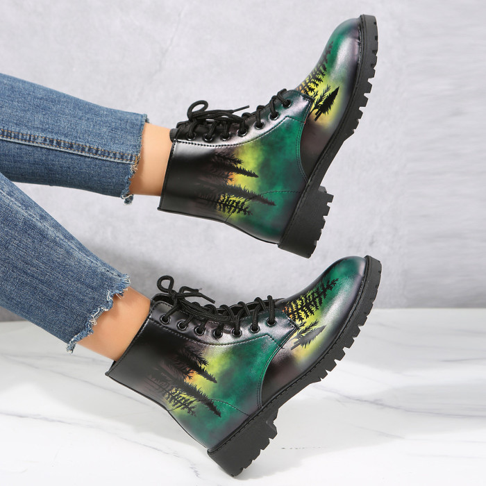 Large Fashion Print Tree Autumn Winter Women's High top Lace up Boots