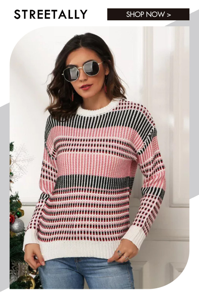 Women's Loose Pullover Long Sleeve Round Neck Sweet Christmas Striped Ladies Knitwear