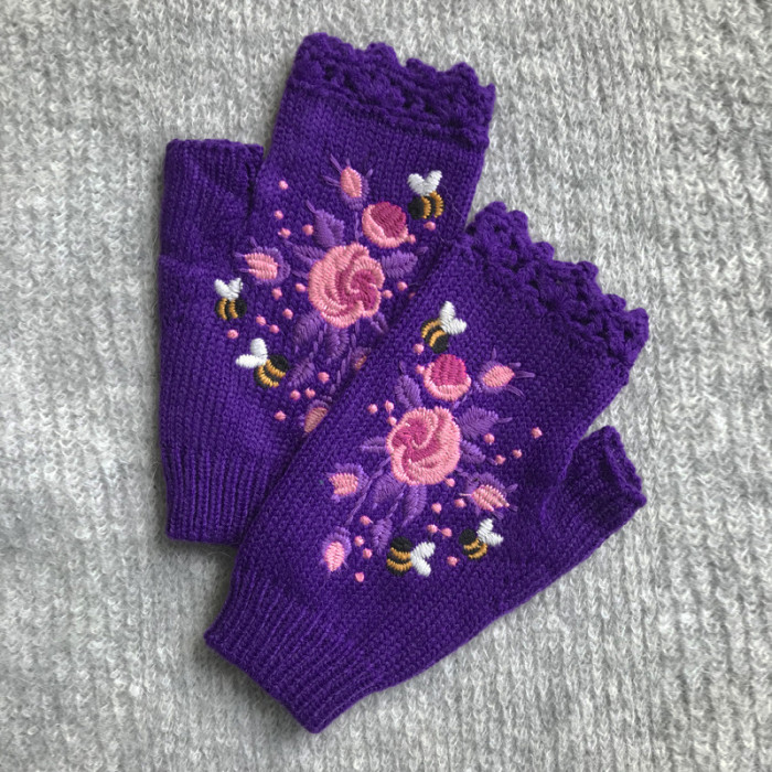 Mittens Hand Embroidered Thermal Wool Knit Adult Gloves