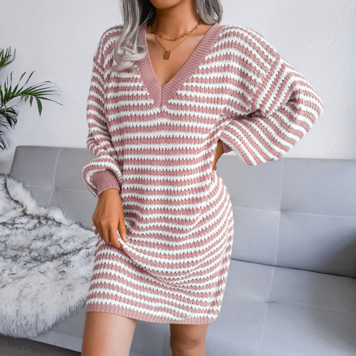 Oversized Knitted Dresses Women Striped Drop Shoulder Long Sleeve Sweater Dress