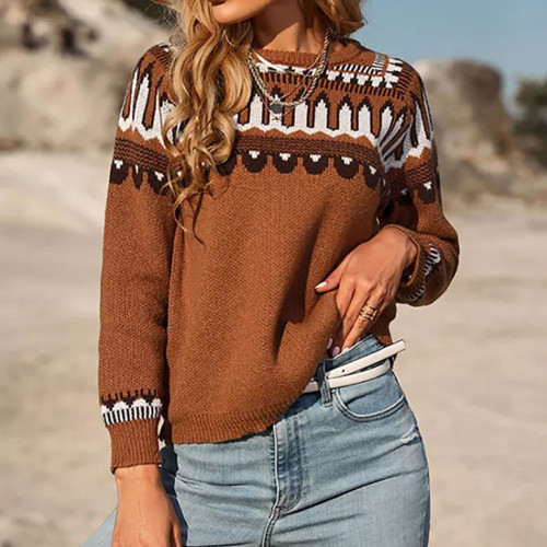 Fashion Women's Sweater Casual Knitted Long Sleeve Top Loose Brown Sweater