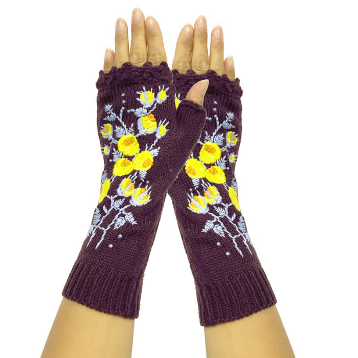 Hand Knitted Women's Fingerless Warm Wool Embroidered Gloves