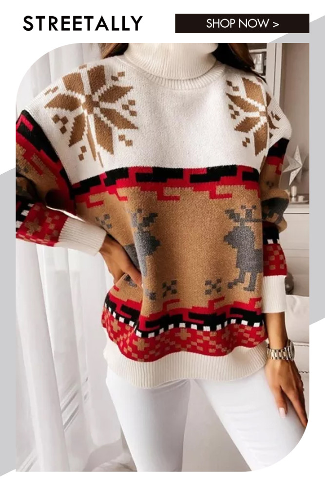 Christmas Wool Sweaters for Women Turtleneck Deer Christmas Jacquard Knitted Sweater