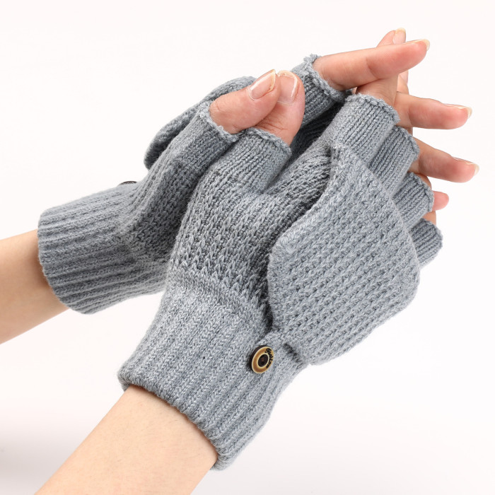 Flip Fleece Warm Student Knit Fingerless Mitts Gloves