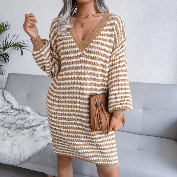 Oversized Knitted Dresses Women Striped Drop Shoulder Long Sleeve Sweater Dress