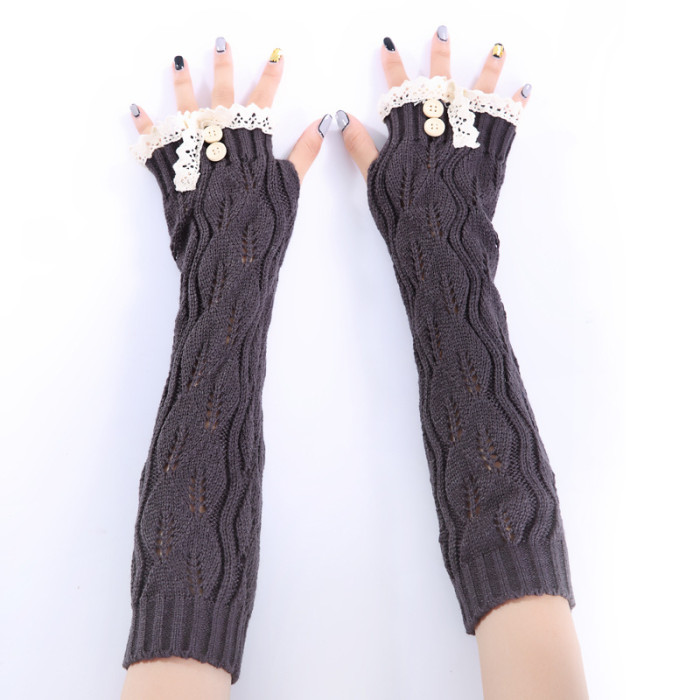 Lace Button Knitted Wool Warm Fingerless Women's Long Gloves