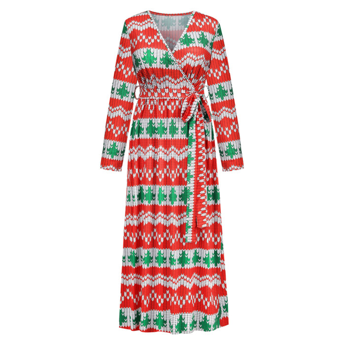 Christmas Print Long Dress for Women Autumn V-neck Knitting Maxi Dress