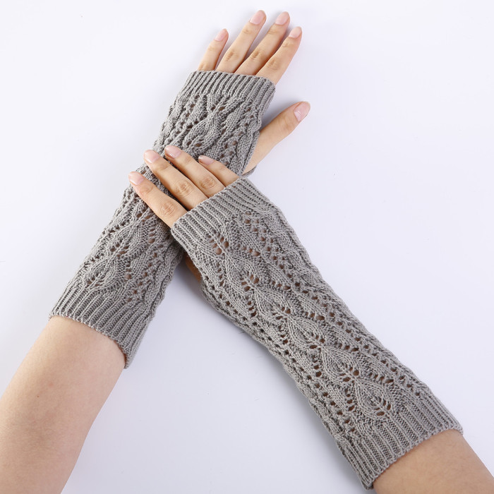 Fashionable Leaf Hollow Mesh Fingerless Warm Knitted Gloves