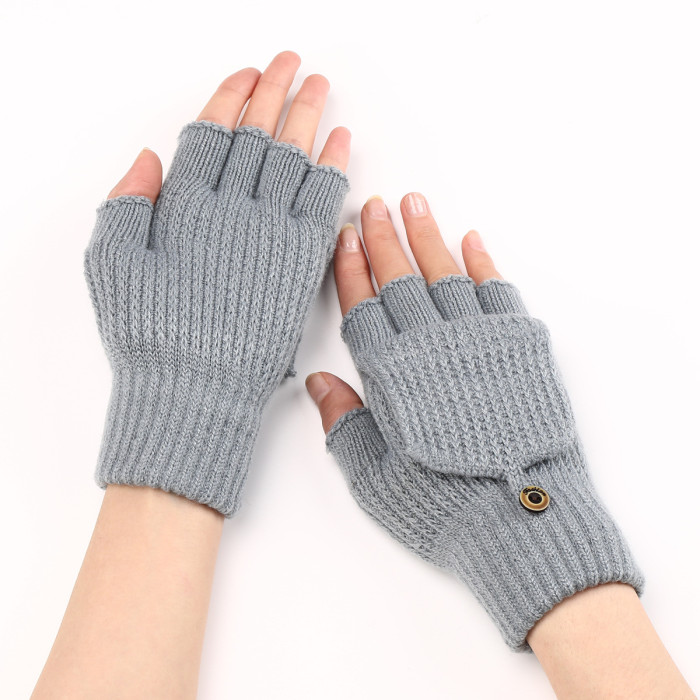 Flip Fleece Warm Student Knit Fingerless Mitts Gloves