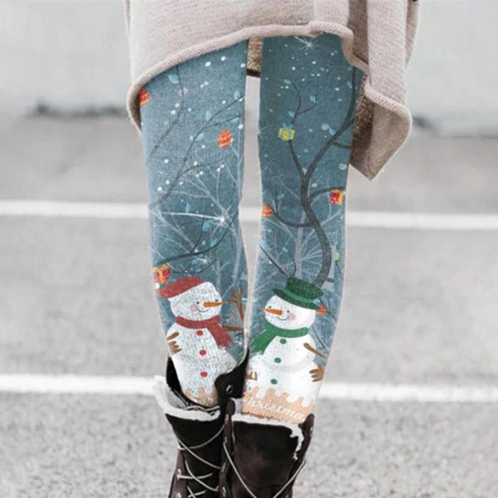 Christmas Leggings Women Winter Thermal Pants Elastic Waist Thick Skinny Leggings