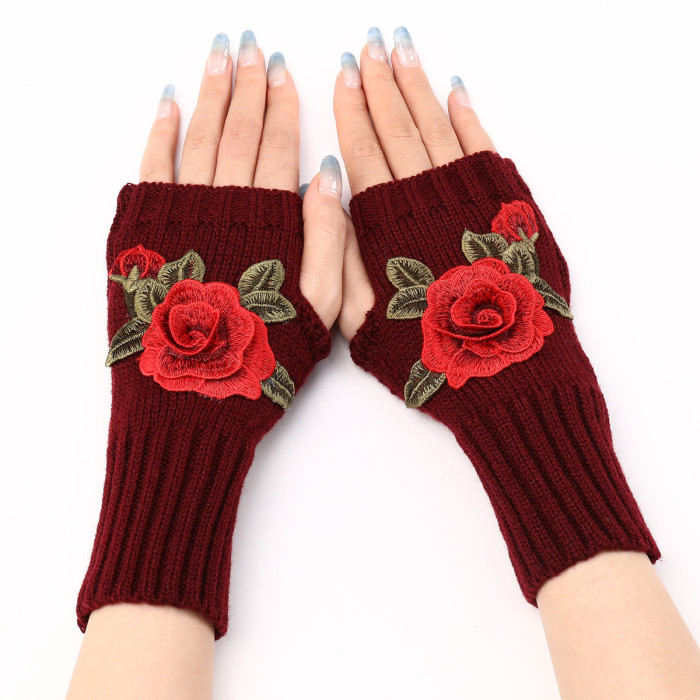 Ladies Short Fashion Embroidered Flower Knit Thermal Mittens Gloves